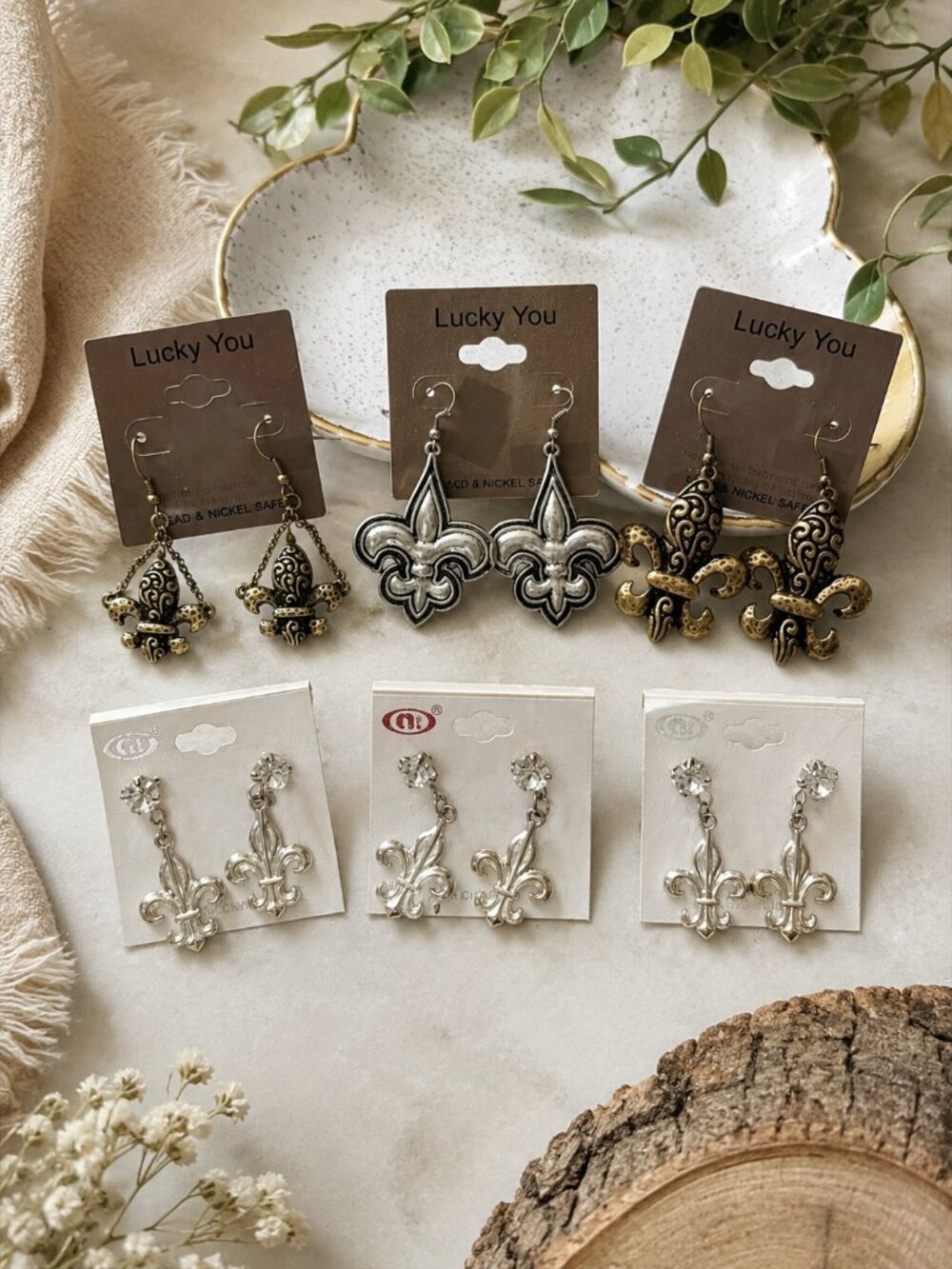 6 Pair Fleur De Lis Earrings Lot Silver Bronze Dangle Rhinestone Boho Western